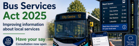 bus with electronic displays with Bus Service Act 2025 and Have Your Say text