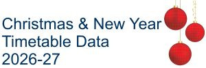 Red christmas baubles handling down with gold thread and words Christmas and New year timetable data 2026-27