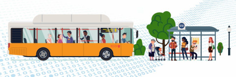 Bus arriving at a bus stop and shelter with a queue of people