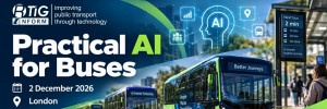 green buses with bus stop with real time display and an outline of a persons head with the text AI in the middle.