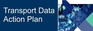 Blue background with Transport Data Action Plan text and 'digital' imagery of 1 and 0's